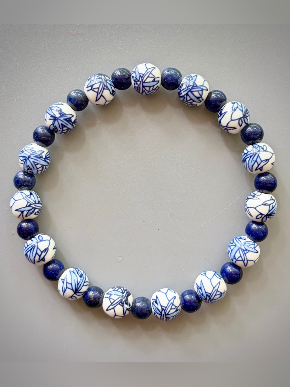 White Blue Porcelain with Lapis Lazuli Accents Handcrafted Beaded Bracelet